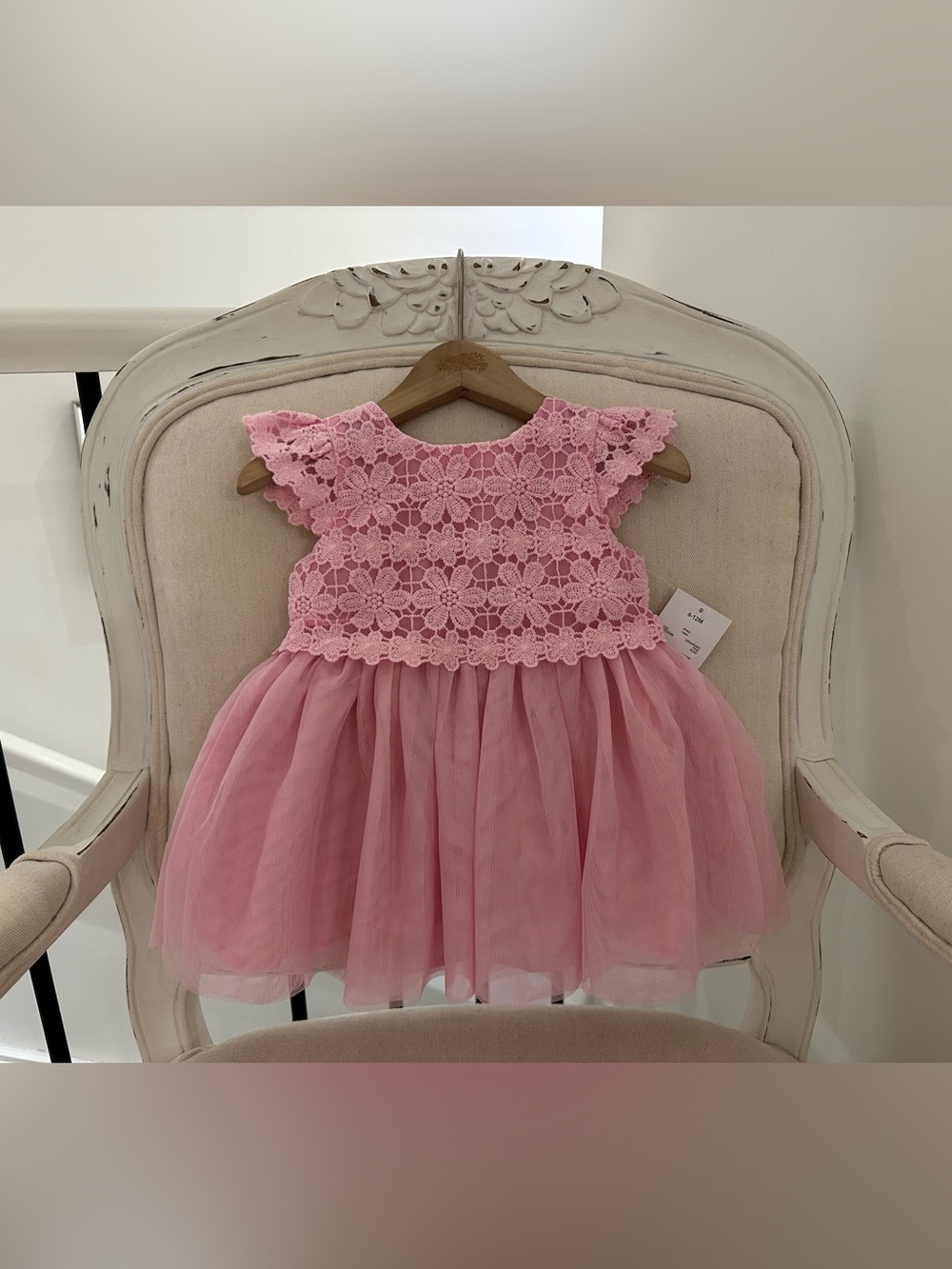 🦢 6~12 Mth Pink Floral Lace Tulle Baby Dress NWT
